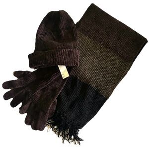 NEW!! MACY’S 100% CHENILLE Chocolate Brown Scarf Hat Gloves Set (Orig. $40)